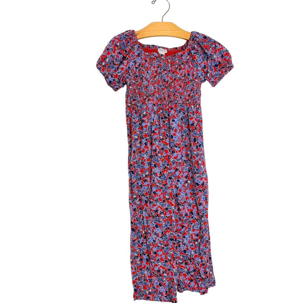 Crewcuts J.Crew Girls Red Blue Floral Smocked Puff Sleeve Jumpsuit Size 5